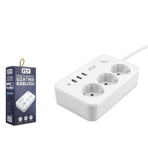 FLY 3406-01 Termal Akım Korumalı Uzatma Kablosu 3 Priz 3 USB Anahtarlı 2 m - Beyaz