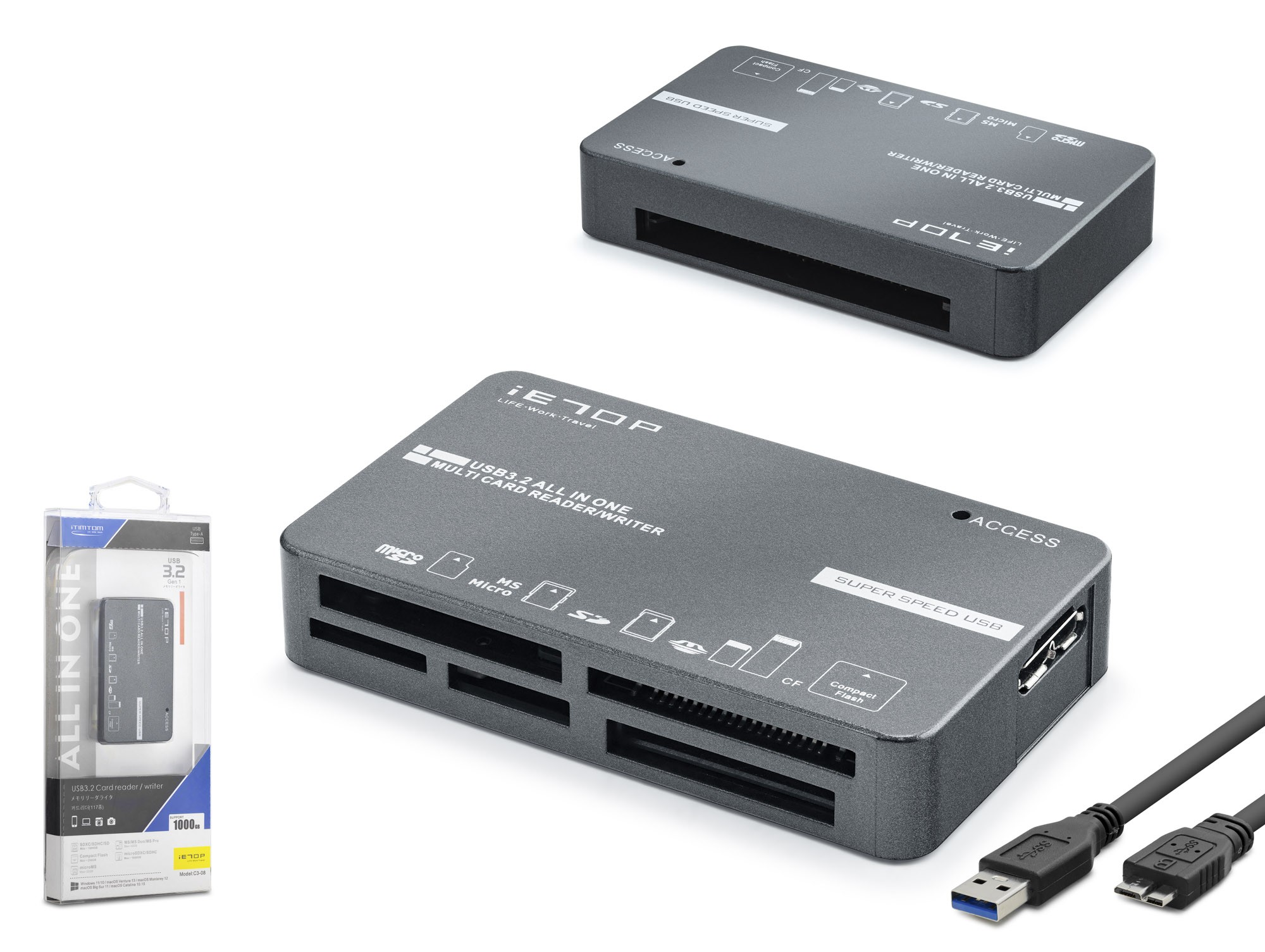 iETOP C308 USB 3.2 Gen1 All in One Kart Okuyucu CF SD MicroSD MS XD 5 Gbps Siyah