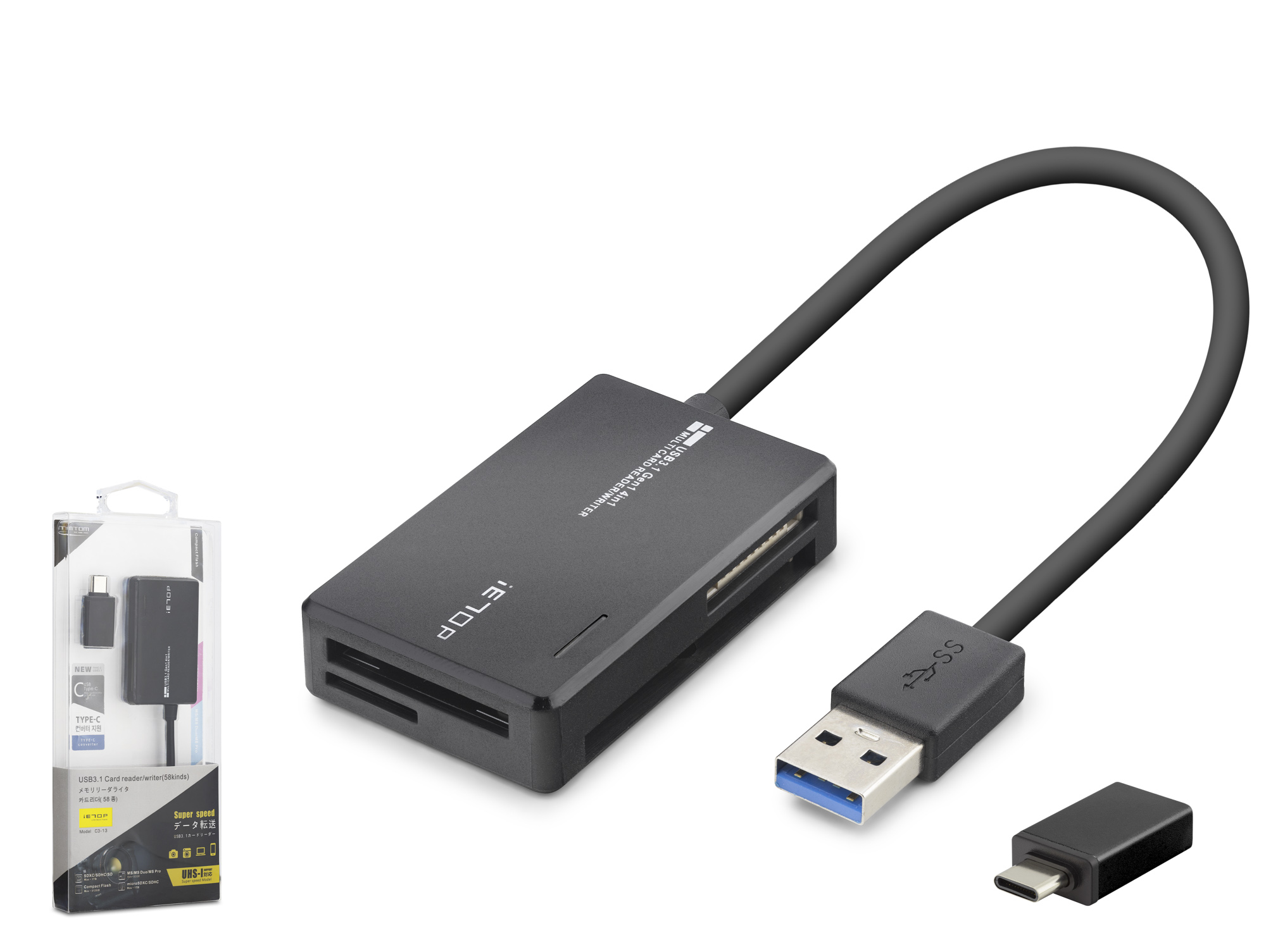 iETOP C313 USB Type-C 3.2 Gen1 All in One Kart Okuyucu CF SD MicroSD MS 5 Gbps Siyah