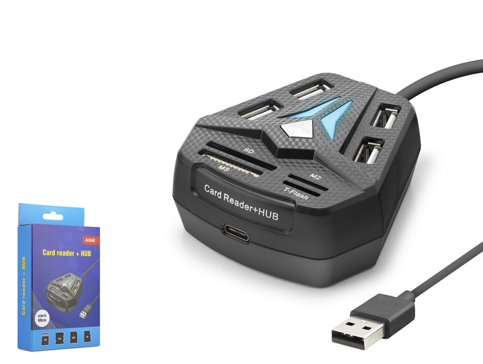 HADRON A068B USB Combo Hub Kart Okuyucu 8 Port 480 Mbps 60 cm Siyah