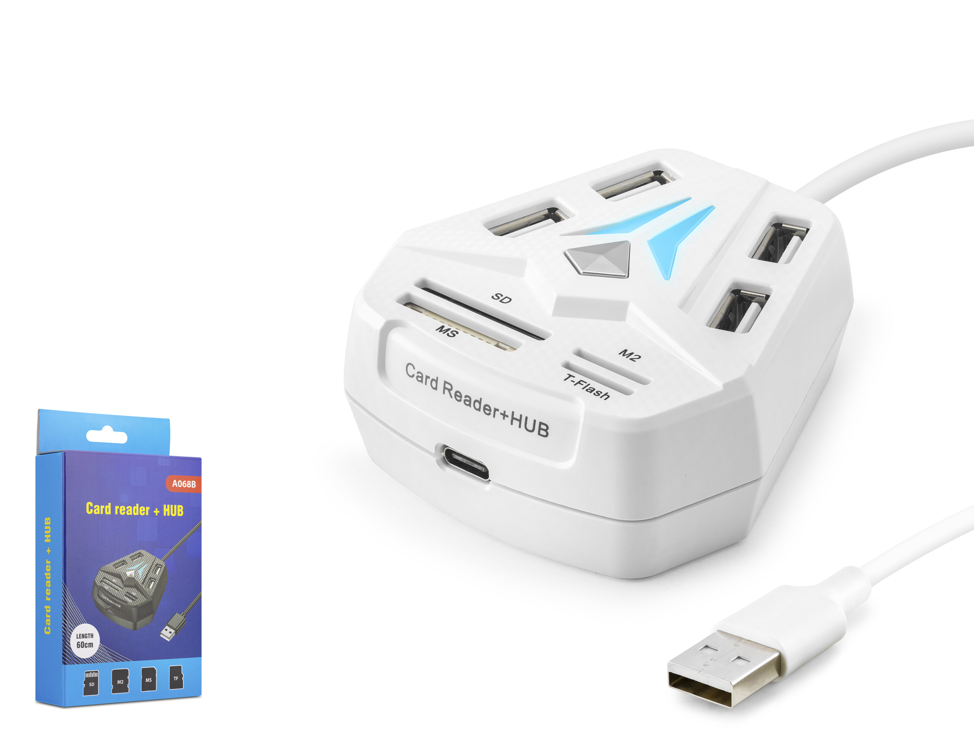 HADRON A068W USB Combo Hub Kart Okuyucu 8 Port 480 Mbps 60 cm Beyaz