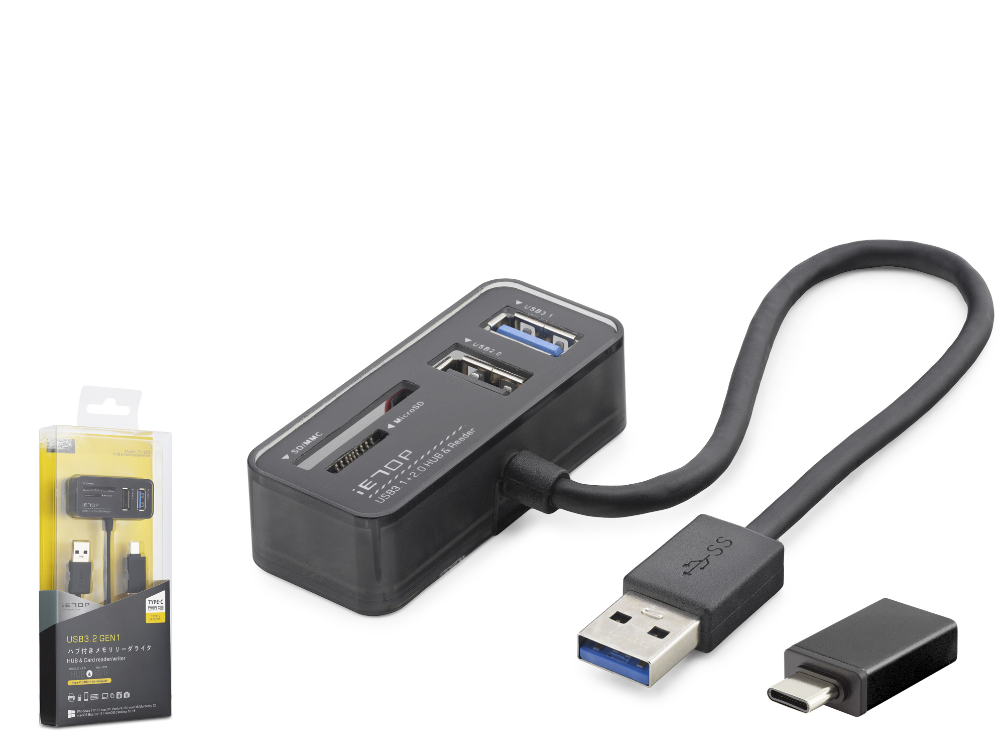 iETOP TC256 USB Type-C 3.2 Gen2 Combo Hub Kart Okuyucu 4 Port 10 Gbps Siyah