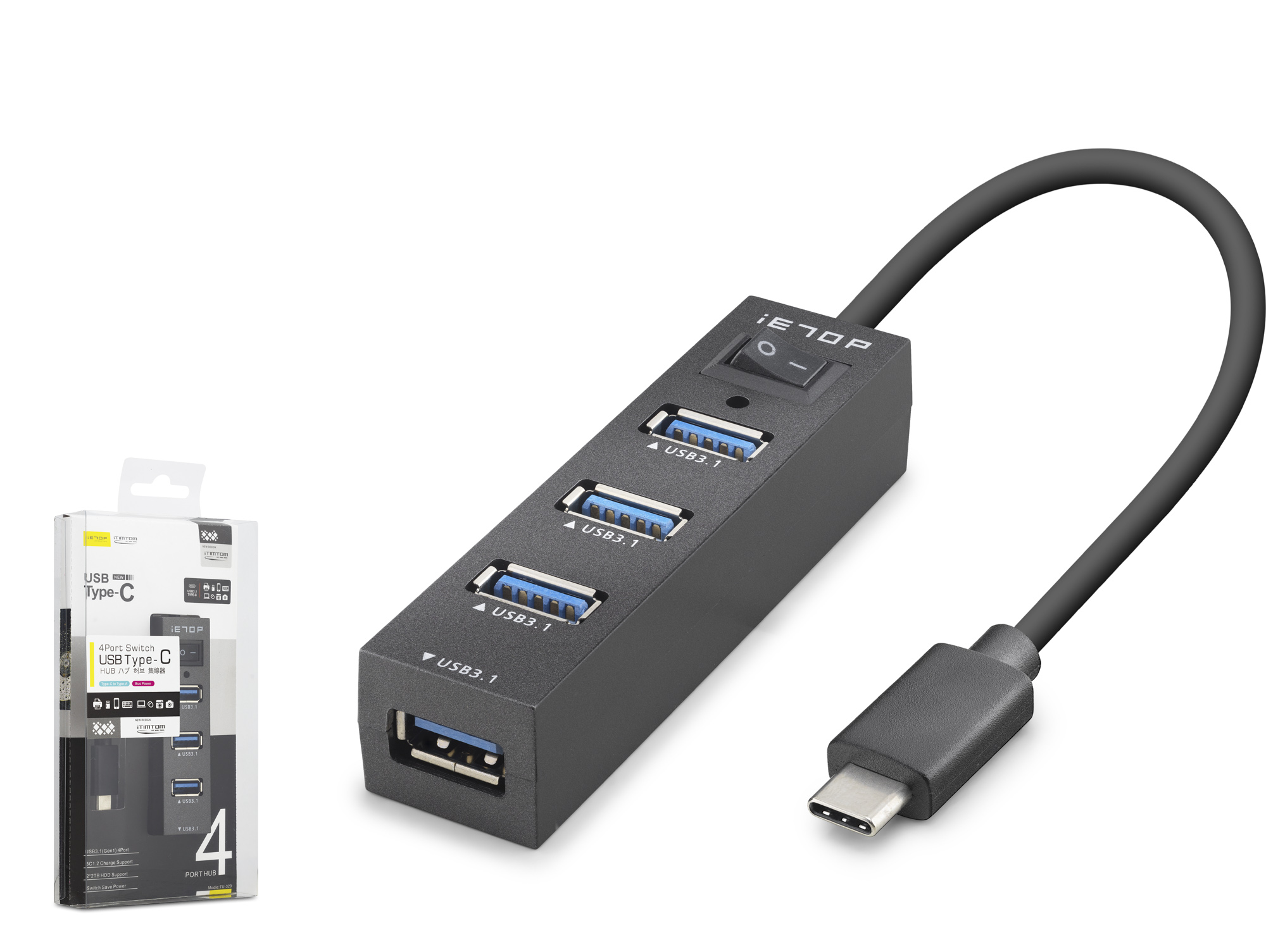 iETOP TU329 Type-C 3.1 Gen1 Anahtarlı Hub 4 Port 5 Gbps Siyah