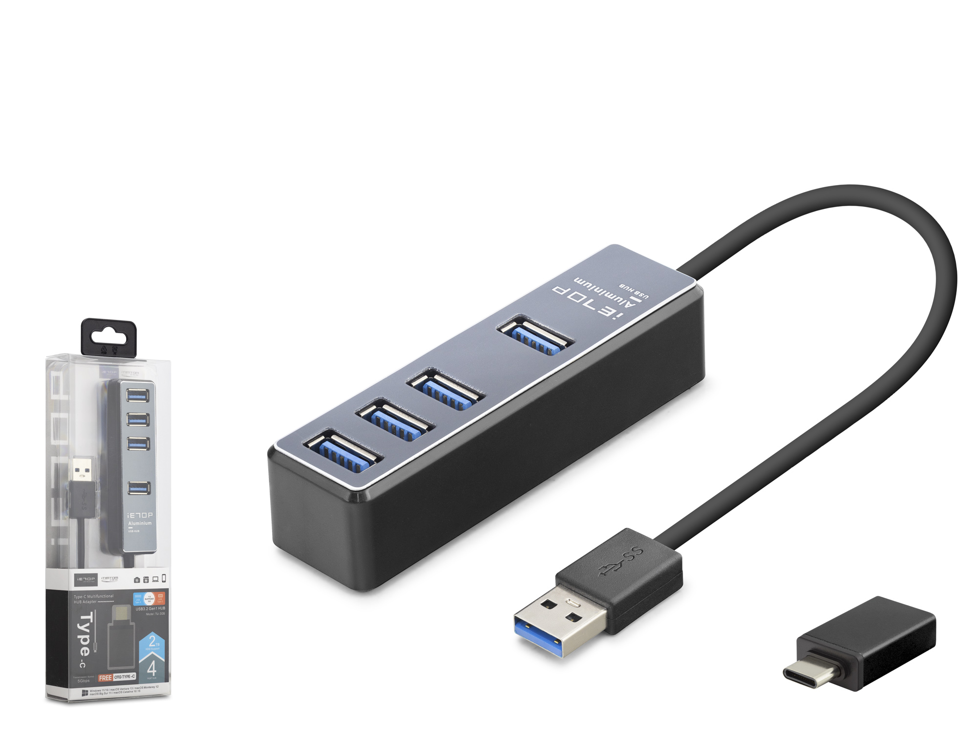 iETOP TU309 USB Type-C 3.2 Gen1 Hub 4 Port 5 Gbps Alüminyum Gri
