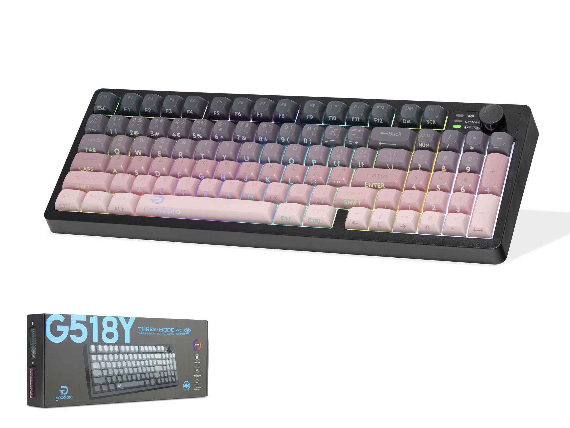 GOOD PRO G518YP Tri Mode Gaming Klavye RGB Sessiz 95 Tuş Pembe