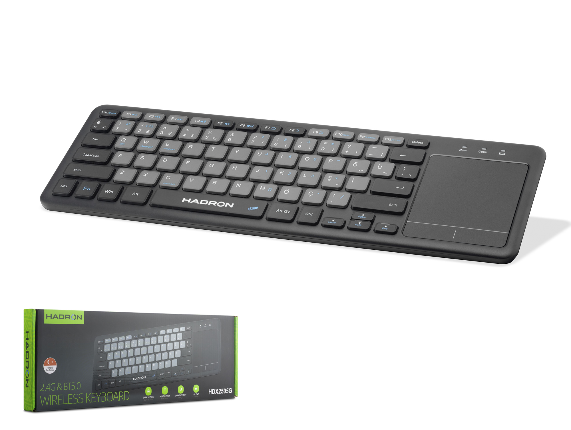 HADRON HDX2505G Dual Mode Touch Pad Smart Klavye 2.4 GHz Bluetooth 5.0 Siyah Antrasit