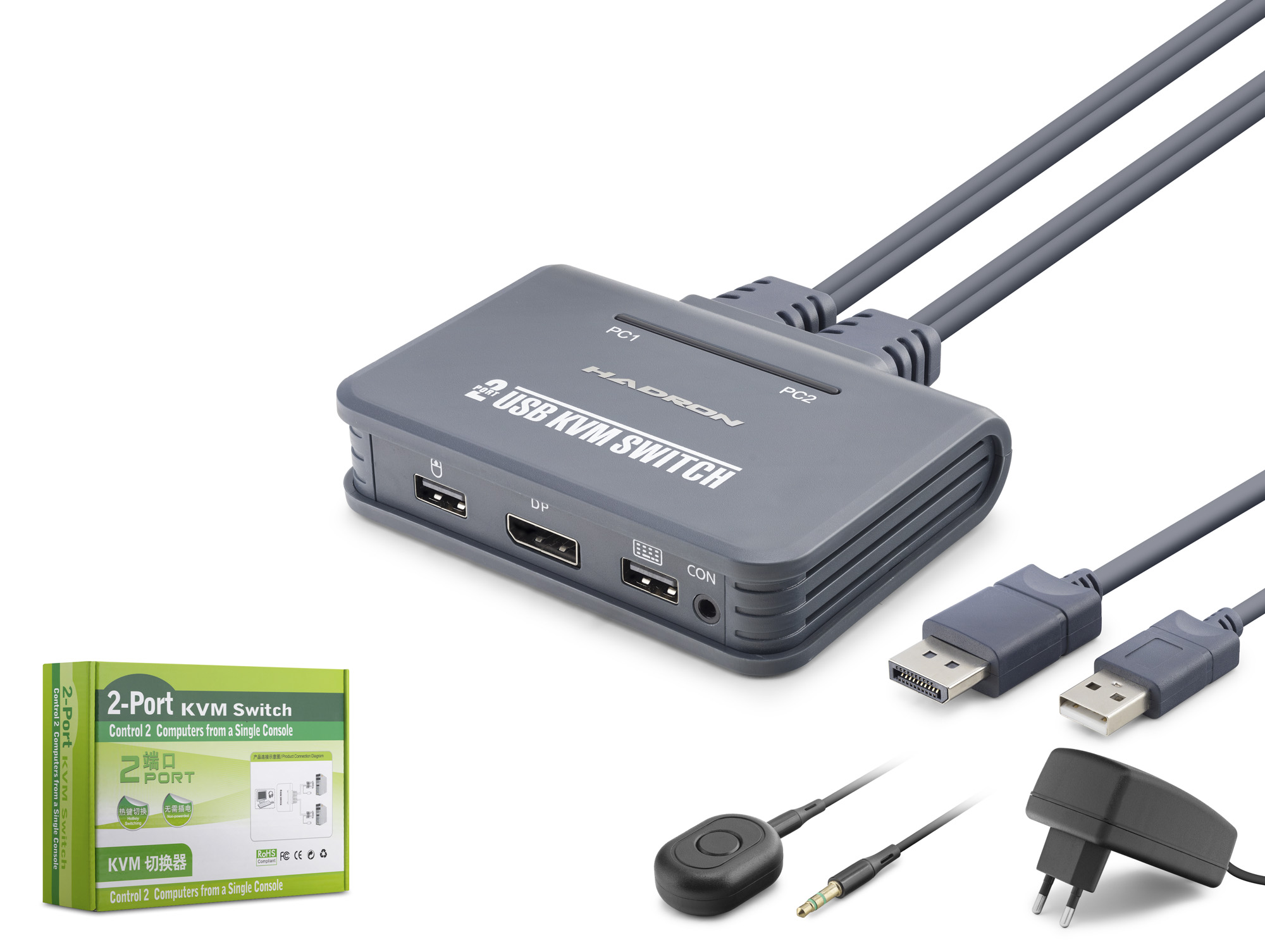 HADRON HDX1427 DisplayPort KVM Switch 2 Console USB Harici Butonlu Dahili Kablolu 2 DP Siyah