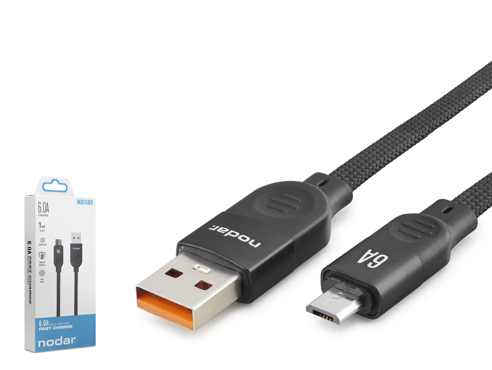 NODAR ND1181 Micro USB Şarj ve Data Kablosu 6A 1 m Örgülü Siyah