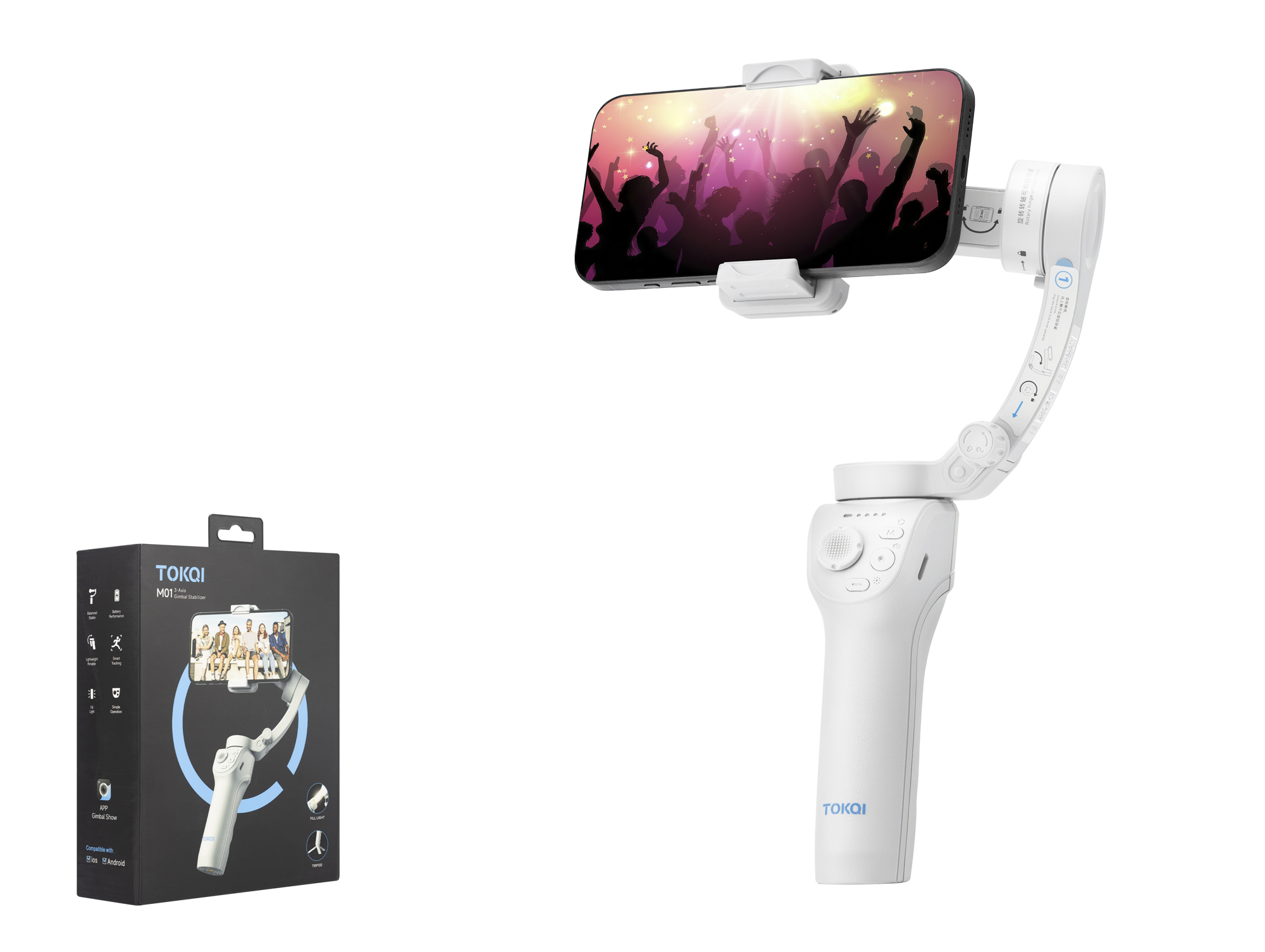 HADRON M01 3 Eksenli Gimbal Selfie Çubuğu AI Takipli Işıklı Bluetooth Tripod Beyaz