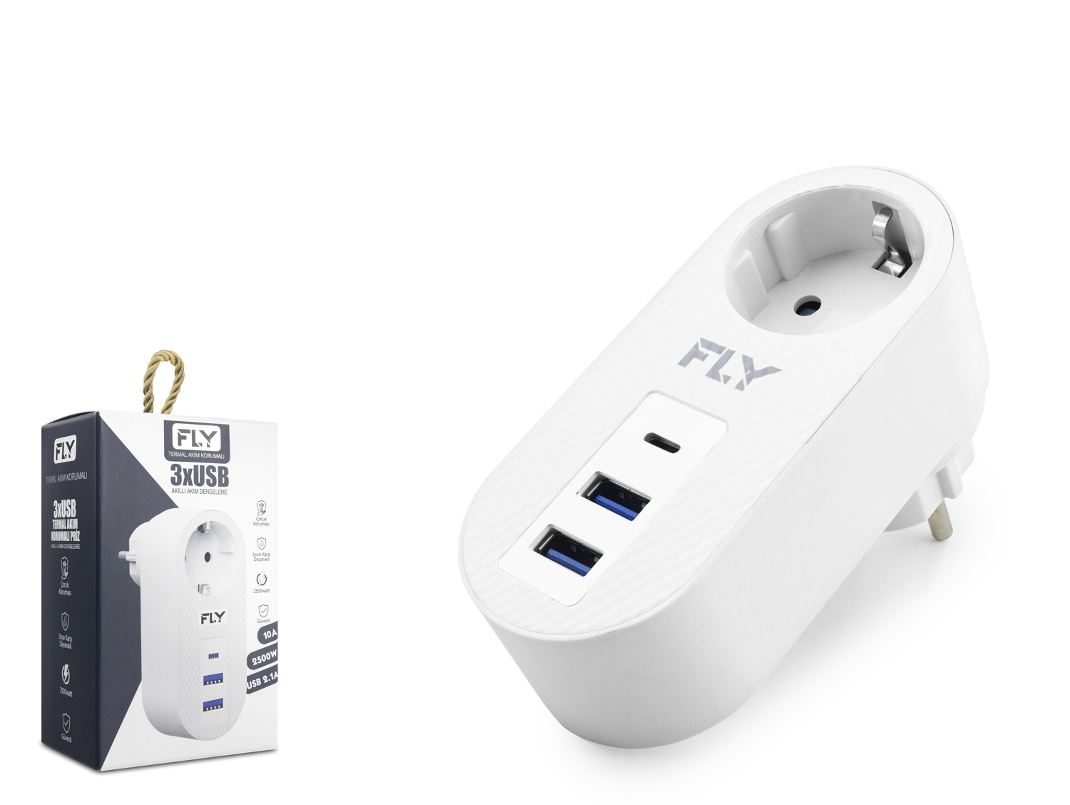 FLY 3400-01 Topraklı Termal Akım Korumalı Priz Adaptörü 2 USB 1 Type-C Beyaz
