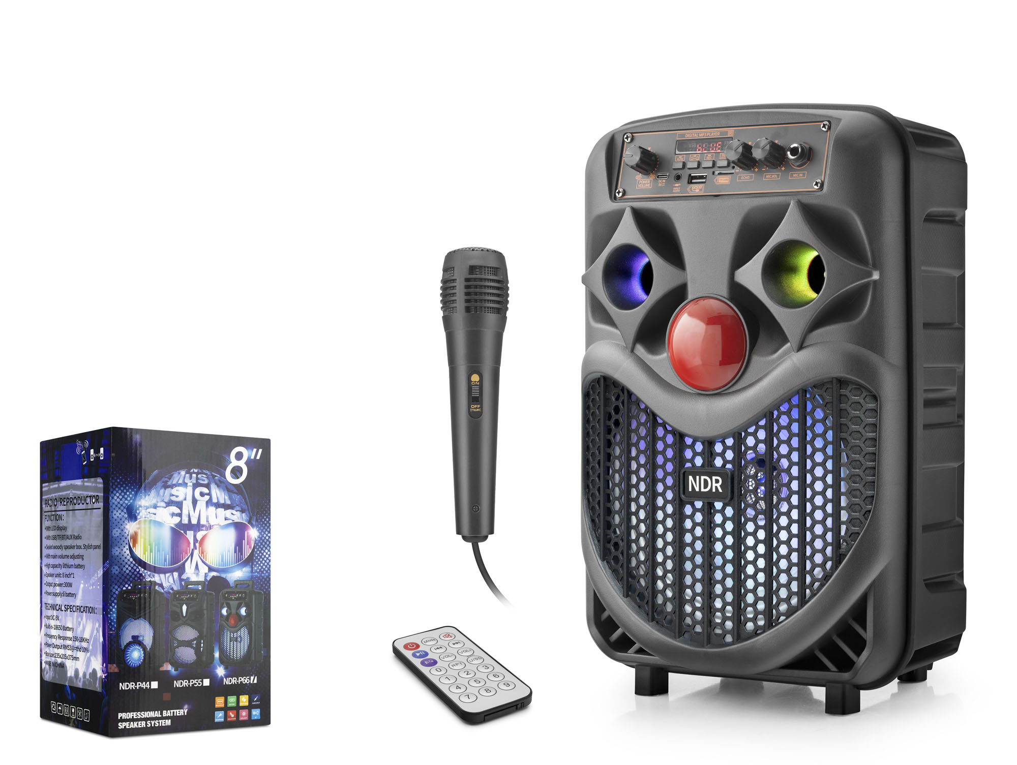 NDR NDRP66 Karaoke Mikrofonlu Bluetooth Hoparlör FM Radyo 10W 8 İnç RGB Siyah