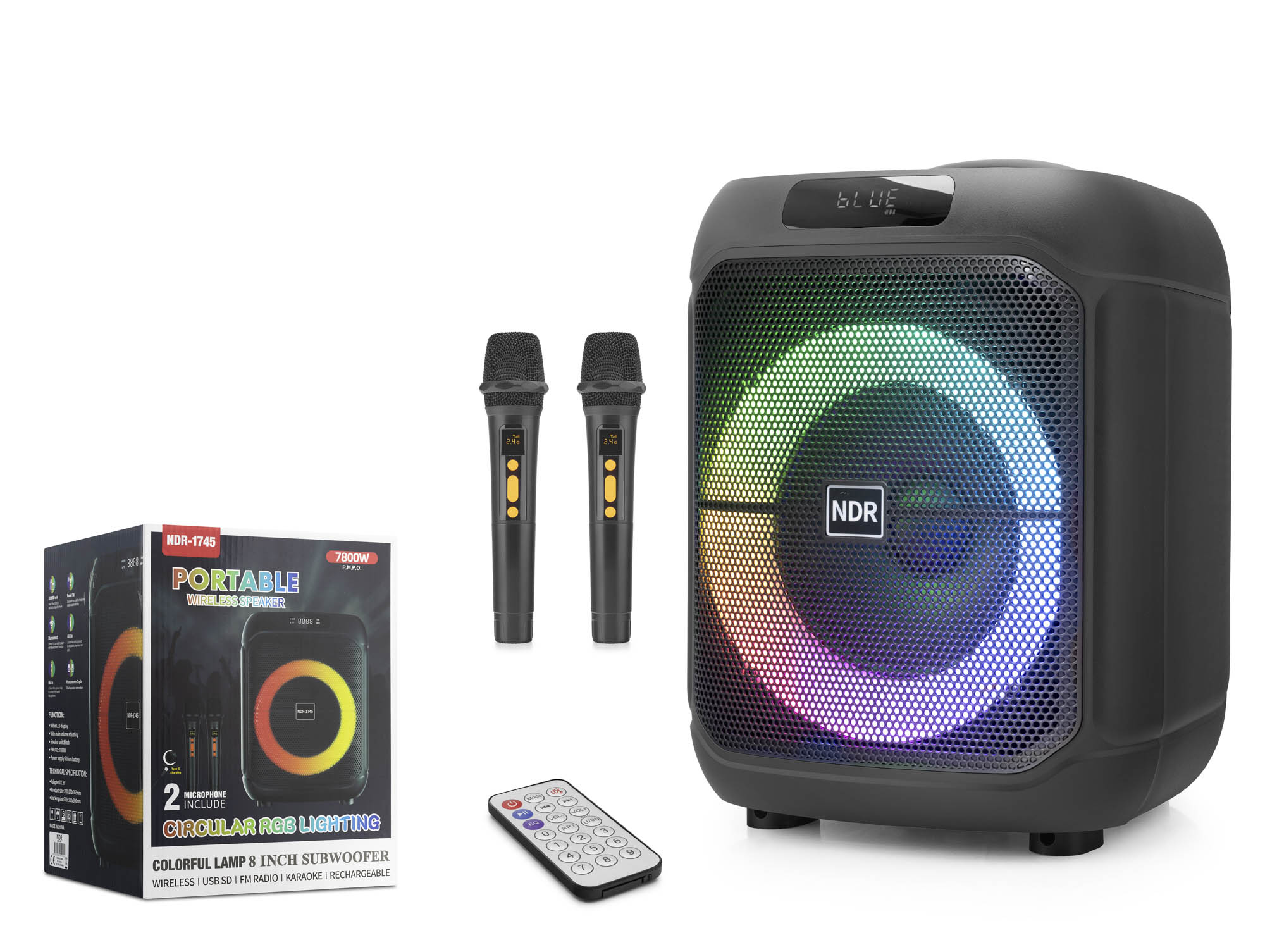 NDR NDR1745 Çift Karaoke Mikrofonlu Bluetooth Hoparlör FM Radyo 20W 8 İnç RGB Kumandalı Siyah