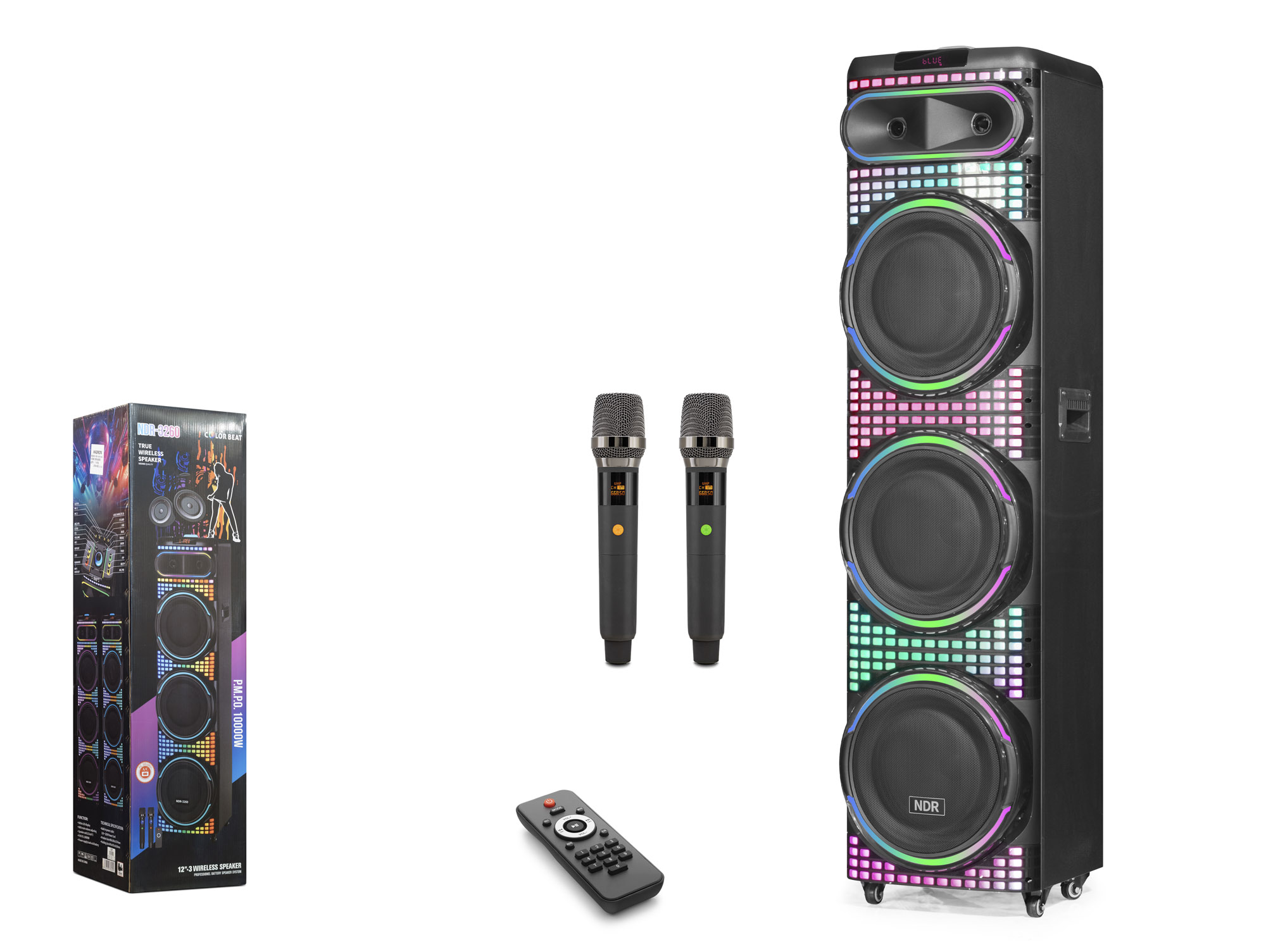 NDR NDR3260 Çift Karaoke Mikrofonlu Bluetooth Hoparlör FM Radyo 100W 3x12 İnç RGB Kumandalı Siyah