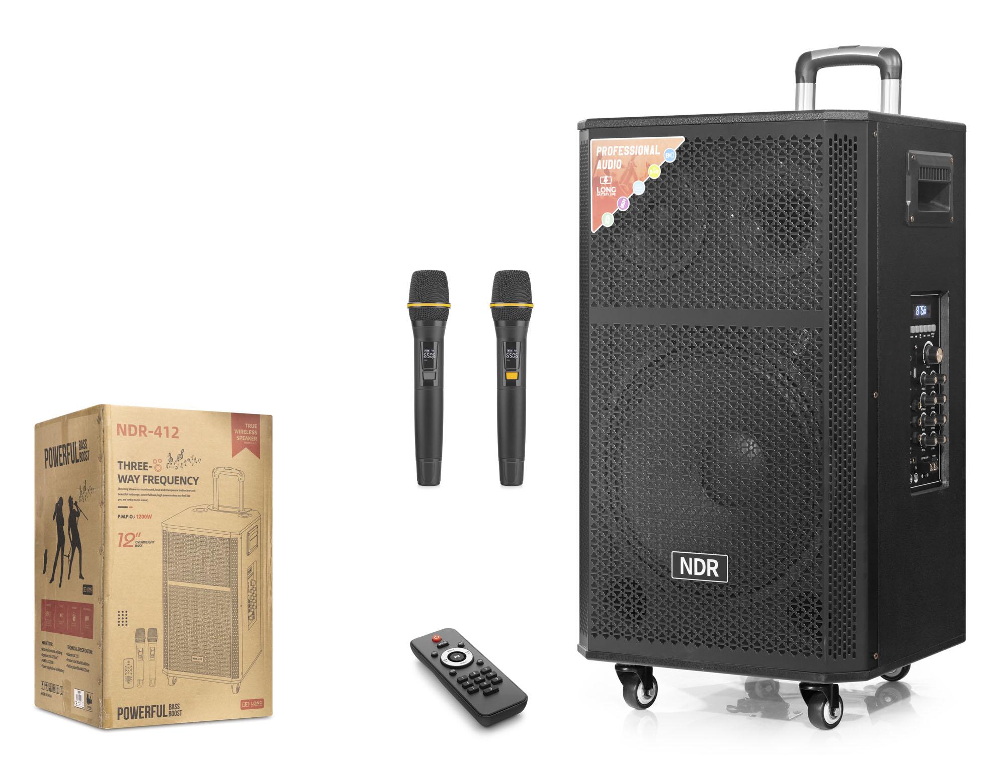 NDR NDR412 Çift Karaoke Mikrofonlu Bluetooth Hoparlör FM Radyo 120W 12 İnç Kumandalı Ahşap