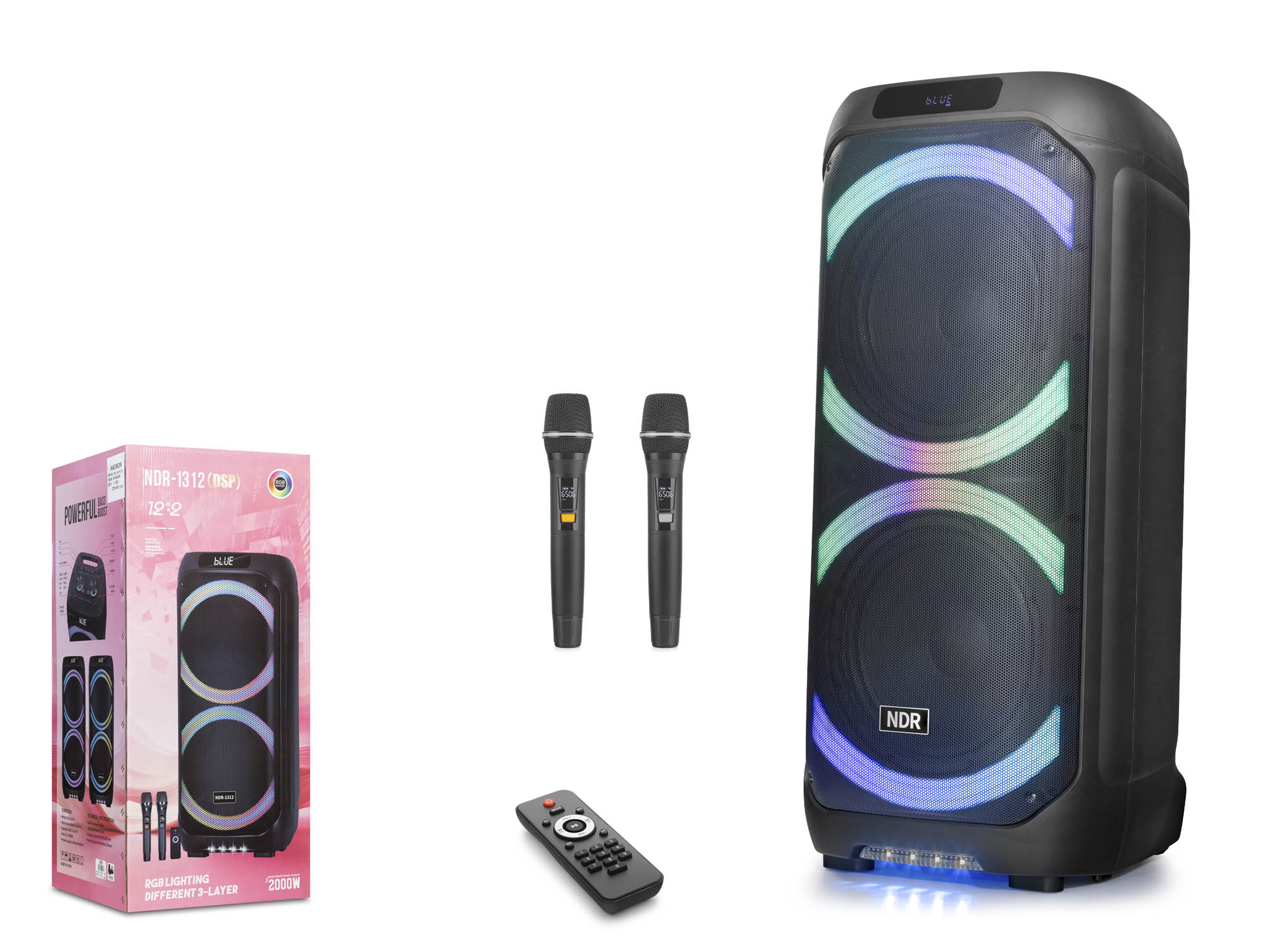 NDR NDR1312 Çift Karaoke Mikrofonlu Bluetooth Hoparlör FM Radyo 60W 2x12 İnç RGB Kumandalı Siyah