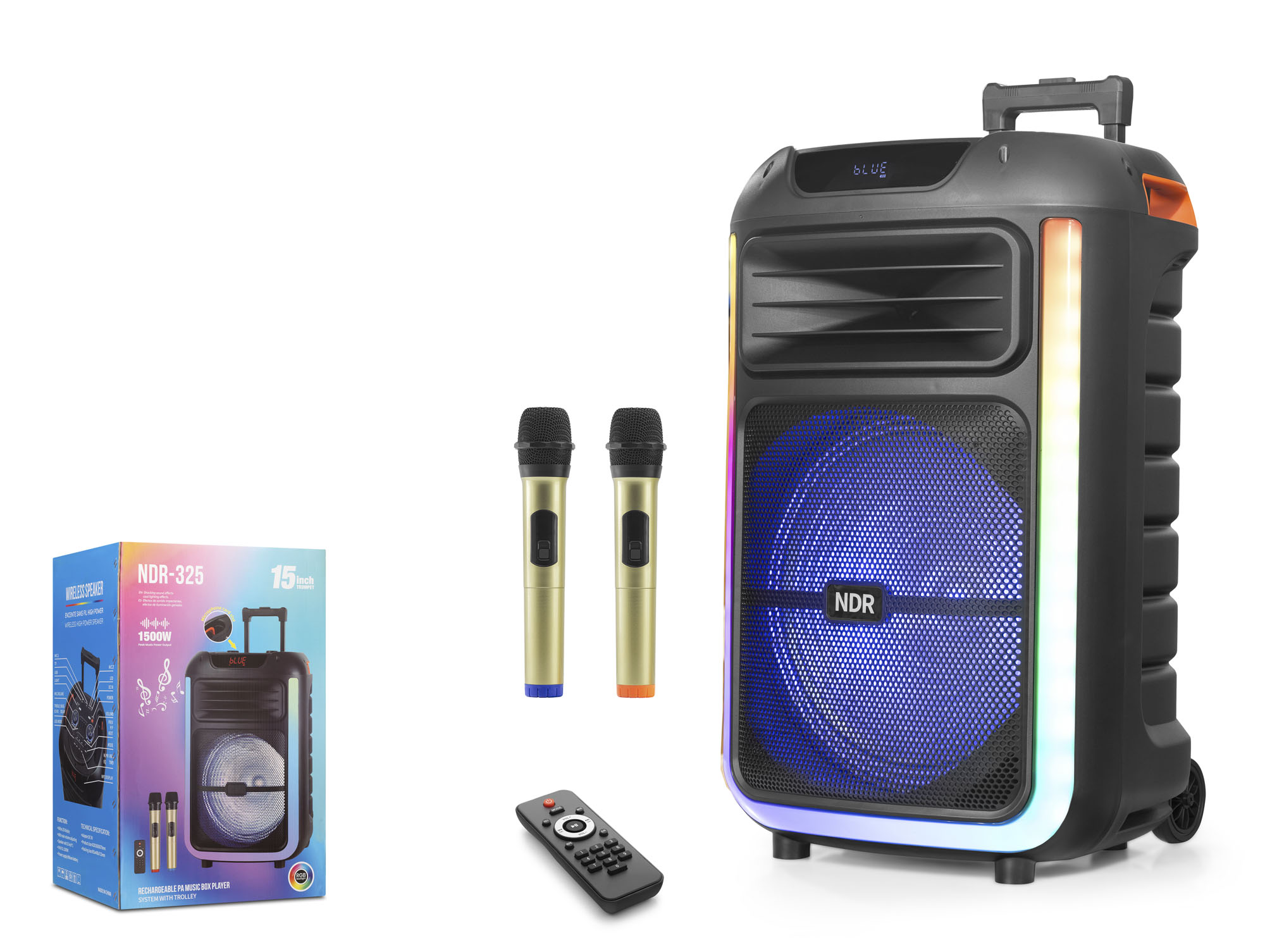 NDR NDR325 Çift Karaoke Mikrofonlu Bluetooth Hoparlör FM Radyo 40W 15 İnç RGB Kumandalı Siyah