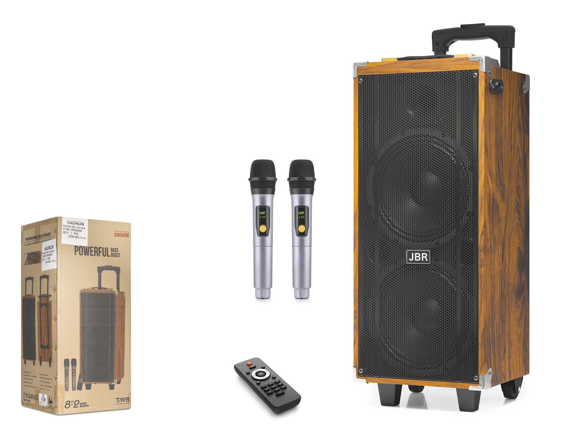 JBR JBR8808 Çift Karaoke Mikrofonlu Bluetooth Hoparlör FM Radyo 50W 2x8 İnç RGB Kumandalı Ahşap