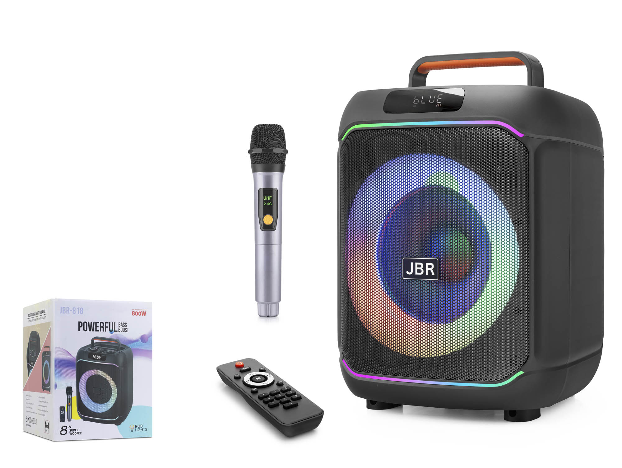 JBR JBR818 Karaoke Mikrofonlu Bluetooth Hoparlör FM Radyo 40W 8 İnç RGB Kumandalı Siyah