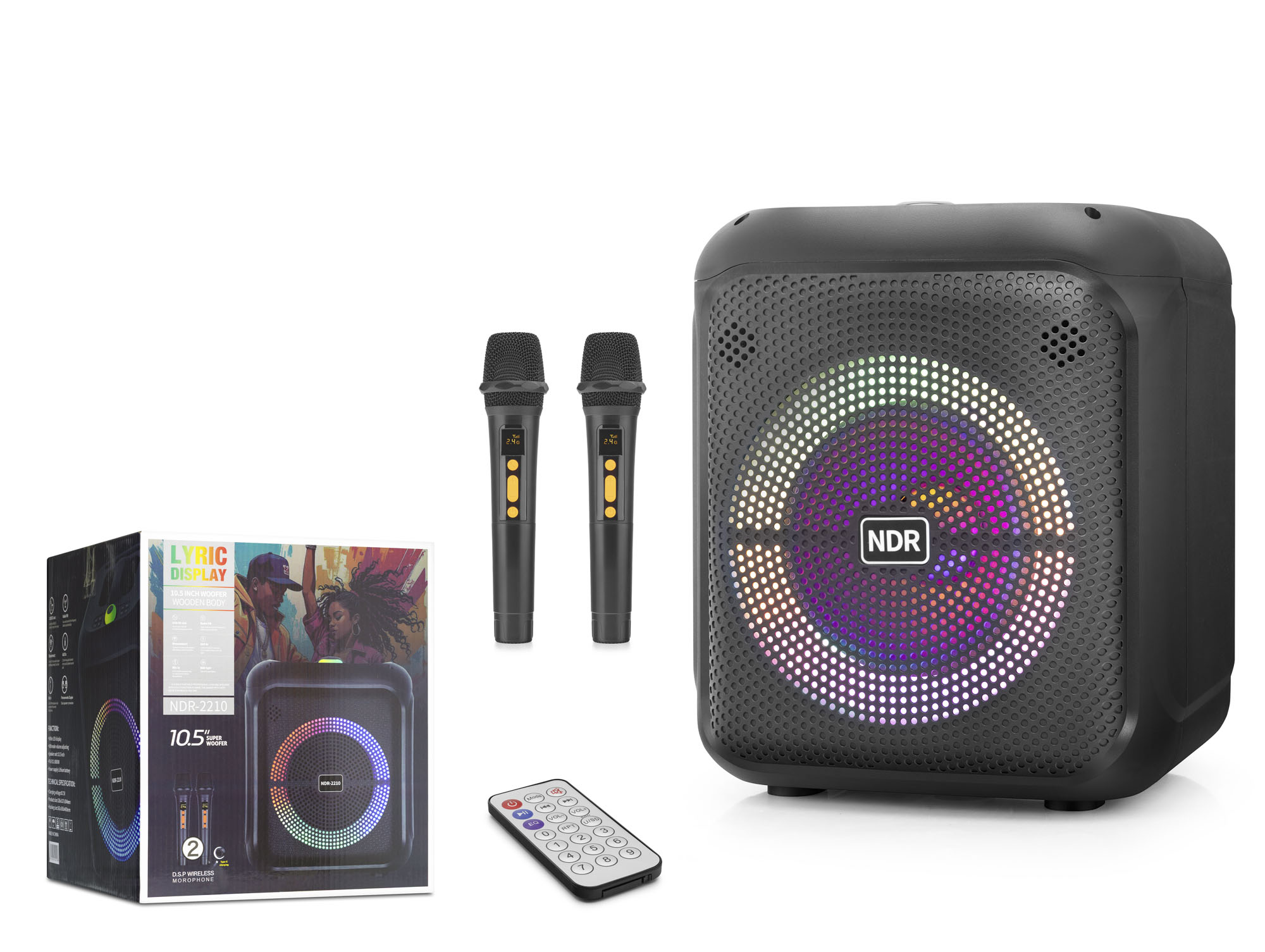 NDR NDR2210 Çift Karaoke Mikrofonlu Bluetooth Hoparlör FM Radyo 20W 10.5 İnç RGB Kumandalı Siyah