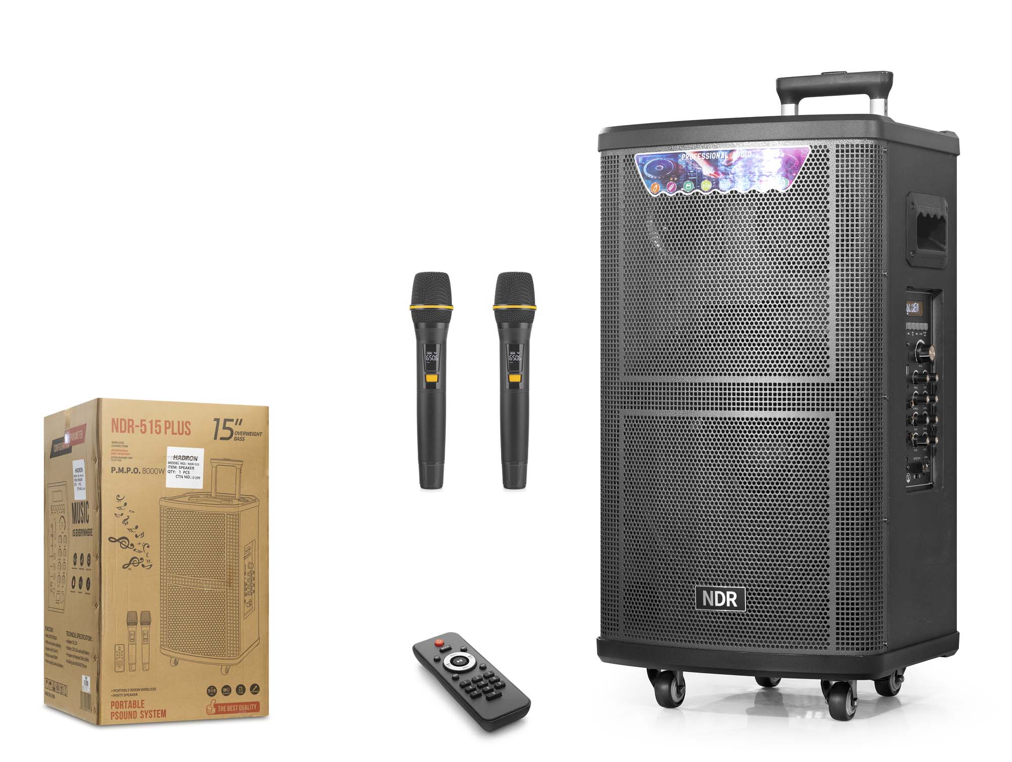 NDR NDR515 Çift Karaoke Mikrofonlu Bluetooth Hoparlör FM Radyo 80W 15 İnç Kumandalı Ahşap