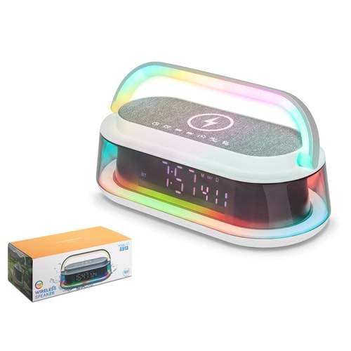 HADRON A913 Bluetooth Hoparlör FM Radyo 15W TWS USB TF Qi Kablosuz Şarjlı Saatli RGB - Beyaz