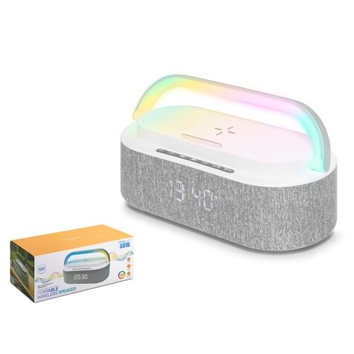 HADRON A915 Bluetooth Hoparlör FM Radyo 15W TWS USB TF Qi Kablosuz Şarjlı Saatli RGB - Beyaz