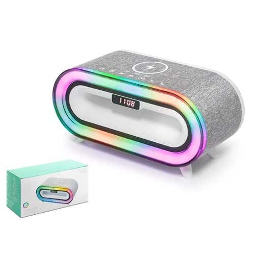 HADRON A916 Bluetooth Hoparlör FM Radyo 15W TWS USB TF Qi Kablosuz Şarjlı Saatli RGB - Beyaz