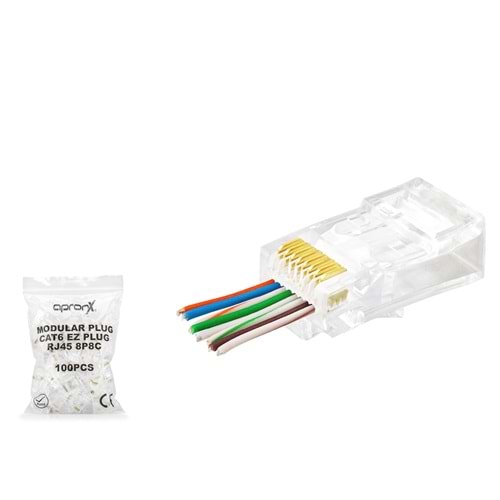 APRONX APXRJ45 CAT6 EZ RJ45 Konnektör 100 Adet Paket - Şeffaf