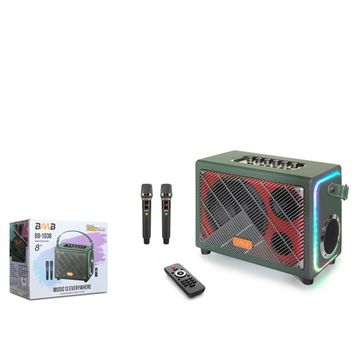 BAAB BB1038 Bluetooth Hoparlör FM Radyo 8 İnç USB TF AUX RGB Çift Mikrofonlu Kumandalı - Yeşil