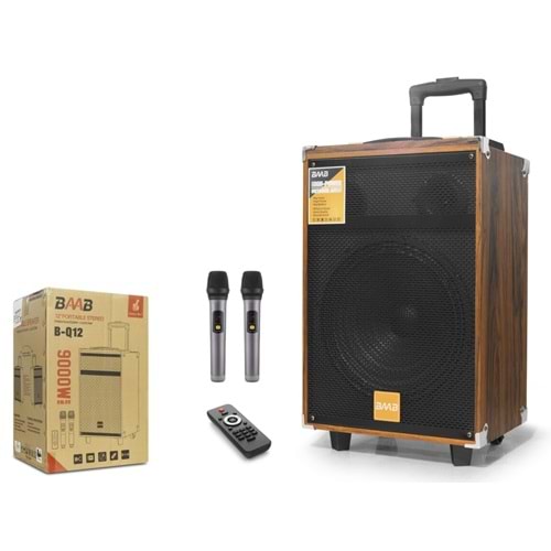 BAAB BQ12 Bluetooth Hoparlör FM Radyo 12 İnç USB TF AUX Çift Mikrofonlu Kumandalı - Ahşap