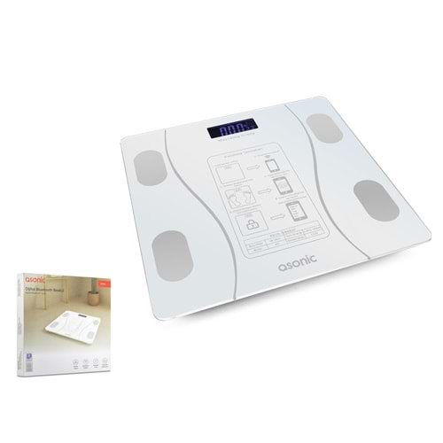 ASONIC BS260B Bluetooth Dijital Baskül 180 kg Cam Yüzey 2 AAA Pil Beyaz