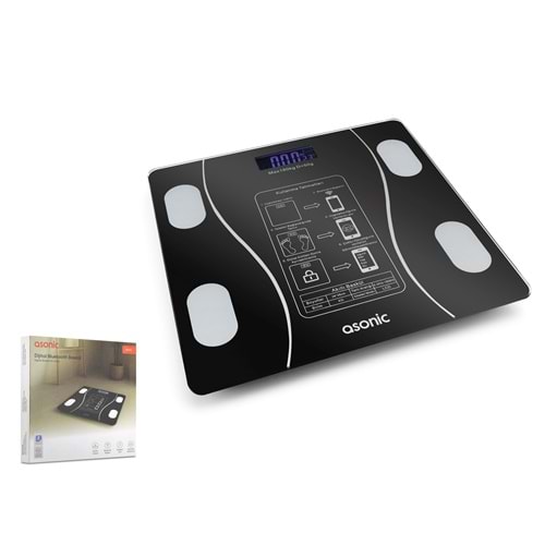ASONIC BS260S Bluetooth Dijital Baskül 180 kg Cam Yüzey 2 AAA Pil Siyah