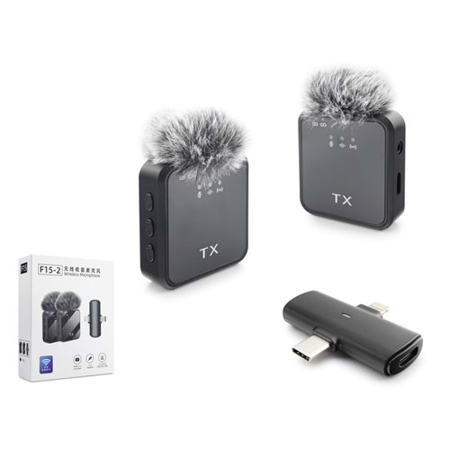 HADRON F15-2 Kablosuz Yaka Mikrofon Seti Type-C ve Lightning 2\'li - Siyah
