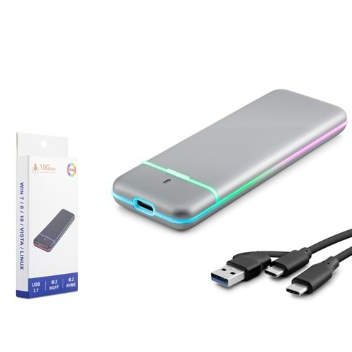 HADRON HDX1774 M.2 NVMe/NGFF Harici SSD Kutusu USB/Type-C 10 Gbps Çift Arabirim RGB - Gri