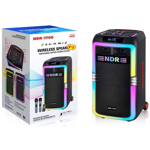 NDR NDR1708 Bluetooth Hoparlör FM Radyo 2x8 İnç USB TF AUX RGB Çift Mikrofonlu Kumandalı - Siyah