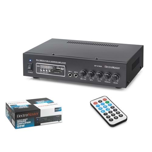ELECTRO MASTER EP2100A 100V Hat Trafolu Amfi 80W USB SD MMC MP3 Kumandalı Siyah