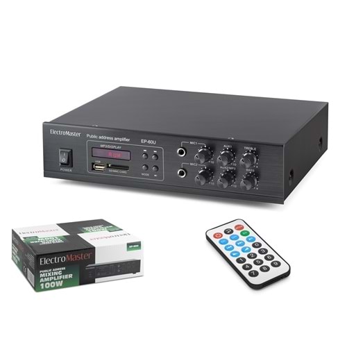 ELECTRO MASTER EP60U 100V Hat Trafolu Amfi 100W USB SD MMC MP3 Kumandalı Siyah