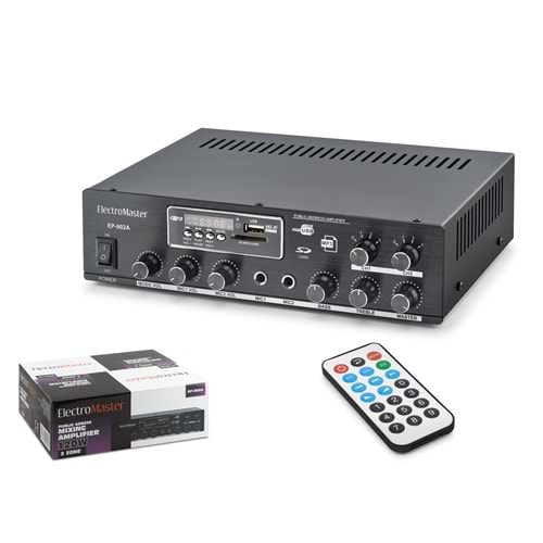 ELECTRO MASTER EP902A 100V Hat Trafolu Amfi 2 Zone 120W USB SD MMC MP3 Bluetooth Kumandalı Siyah