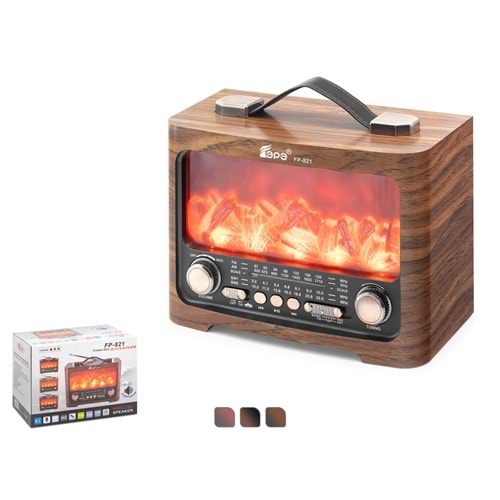 FEPE FP821 Bluetooth Nostaljik FM Radyo USB TF AUX LED Alev Efektli Taşınabilir Hoparlör - Kahverengi