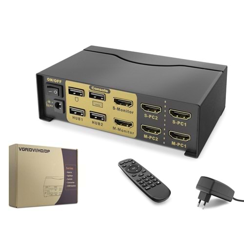 HADRON HDX1376 HDMI Dual Monitor USB KVM Matrix Switch 2 PC Kumandalı - Siyah