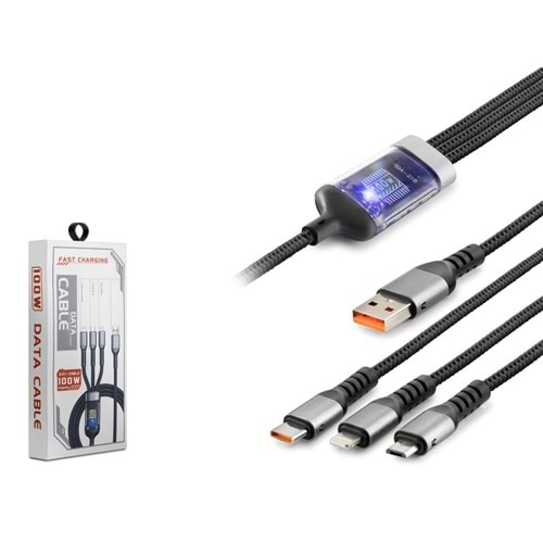 HADRON HDX1400 USB To Type-C + Lightning + USB Micro Hızlı Şarj 3 in1 Data Kablo 20W Siyah
