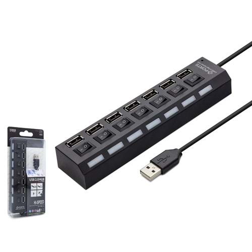HADRON HDX7001 USB Hub Anahtarlı 7 Port 480 Mbps Siyah