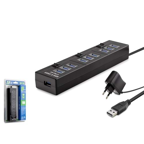 HADRON HDX7005 USB Hub Güç Adaptörlü Anahtarlı 10 Port 1 m Siyah