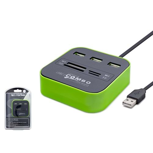 HADRON HDX7006 USB Combo Hub Kart Okuyucu 7 Port Yeşil