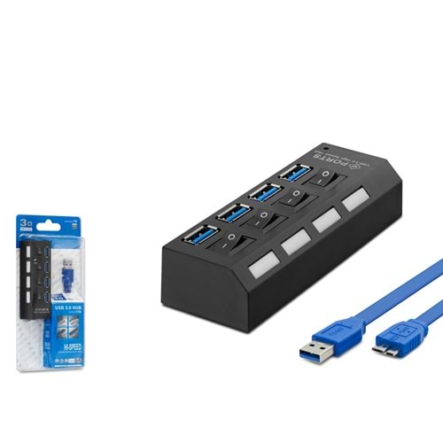 HADRON HDX7023 USB 3.0 Hub Anahtarlı 4 Port 0.5 m Siyah