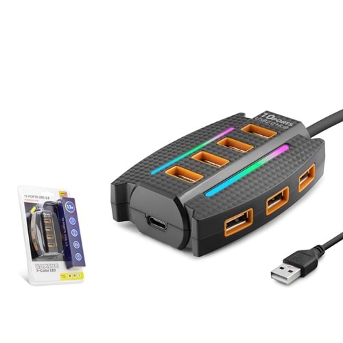 HADRON HDX7036 USB Gaming RGB Hub 10 Port 480 Mbps 1.2 m Siyah