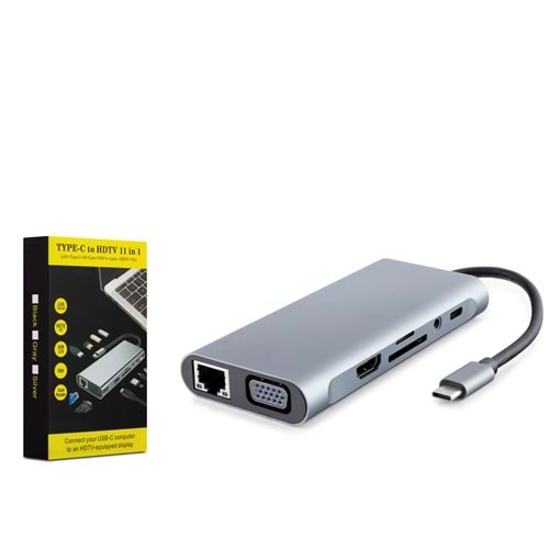 HADRON HDX7830 Type-C Combo Hub HDMI 4K VGA LAN USB 3.0 PD Audio Kart Okuyucu 11 Port Gri