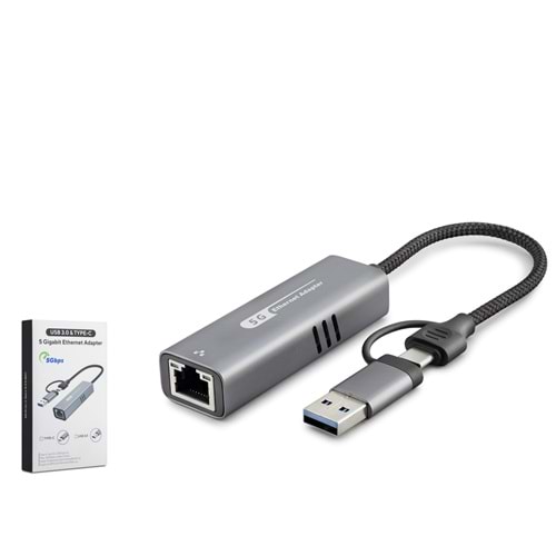 HADRON HDX7850 USB Type C USB 3.0 Ethernet Adaptör Gigabit 5 Gbps Gri