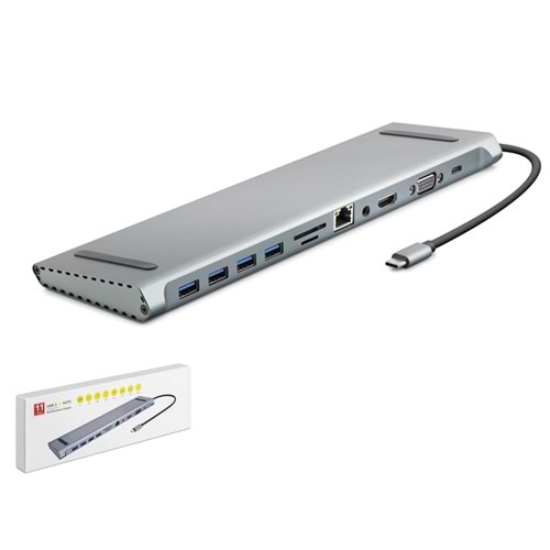 HADRON HDX7854 Type-C Combo Hub HDMI 4K VGA LAN USB 3.0 PD Audio Kart Okuyucu 11 Port Gri