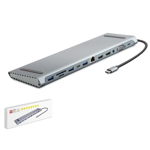HADRON HDX7855 Type-C Combo Hub HDMI 4K VGA LAN USB 3.0 PD Audio Kart Okuyucu 12 Port Gri
